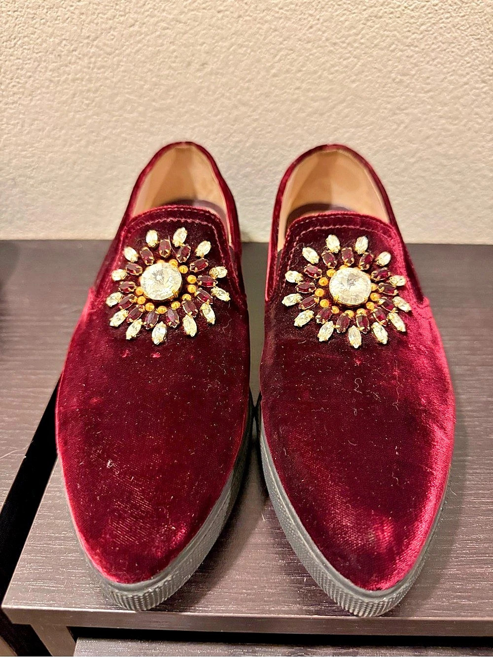 Miu Miu Jeweled Velvet Slip-On Flats in Red